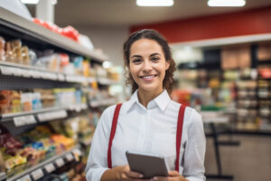Smiling woman is holding a tablet in a supermarket aisle, with grocery shelves stocked with products in the background.