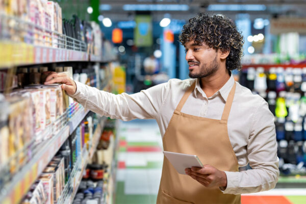 trabajador de supermercado feliz con tablet