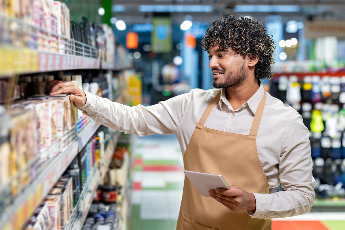 happy grocery worker with tablet